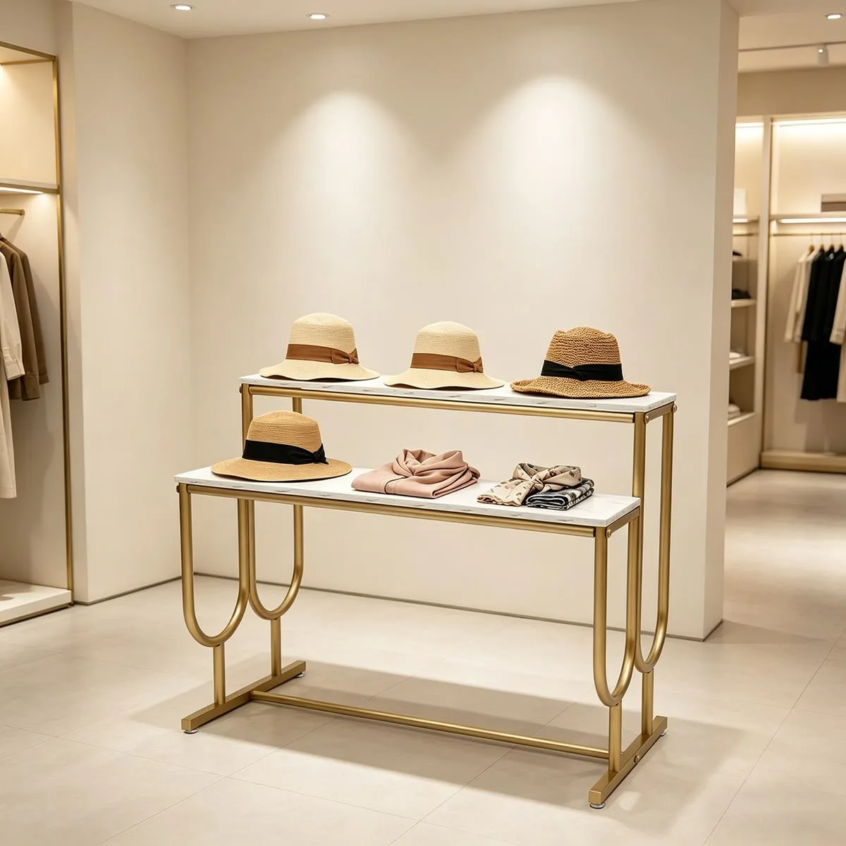 Double-Tier Curved Gold Metal Marble Top Apparel Display Table