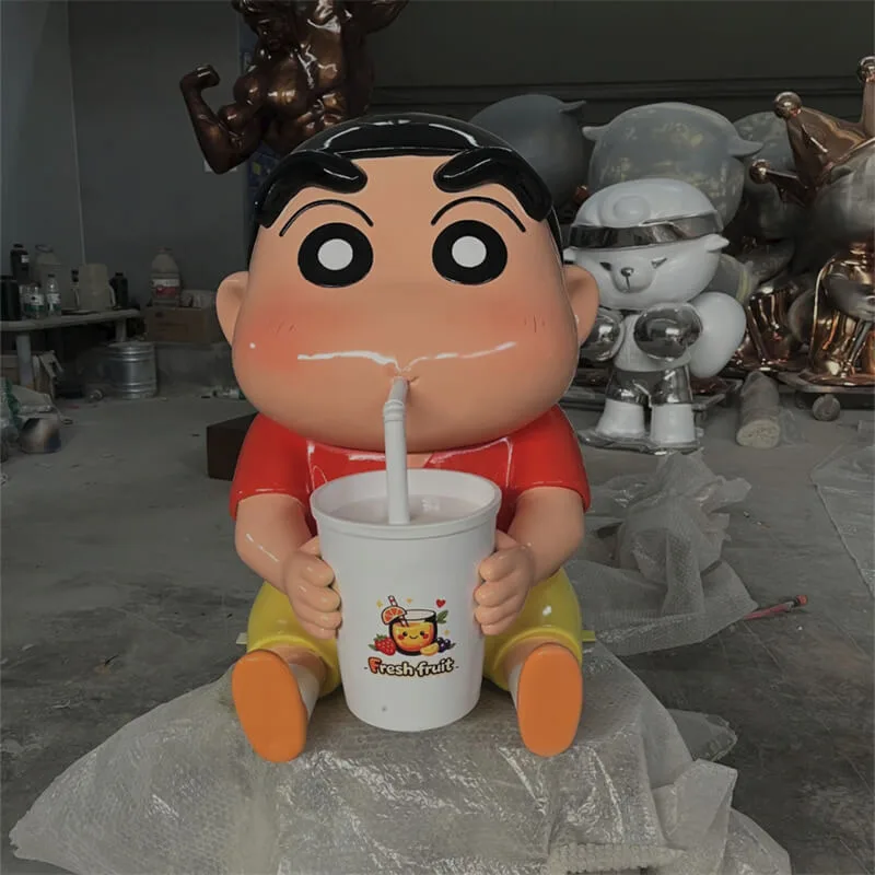 Drink-sipping Crayon Shin-chan Fiberglass Sculpture, Anime-themed Store Check-in Decor