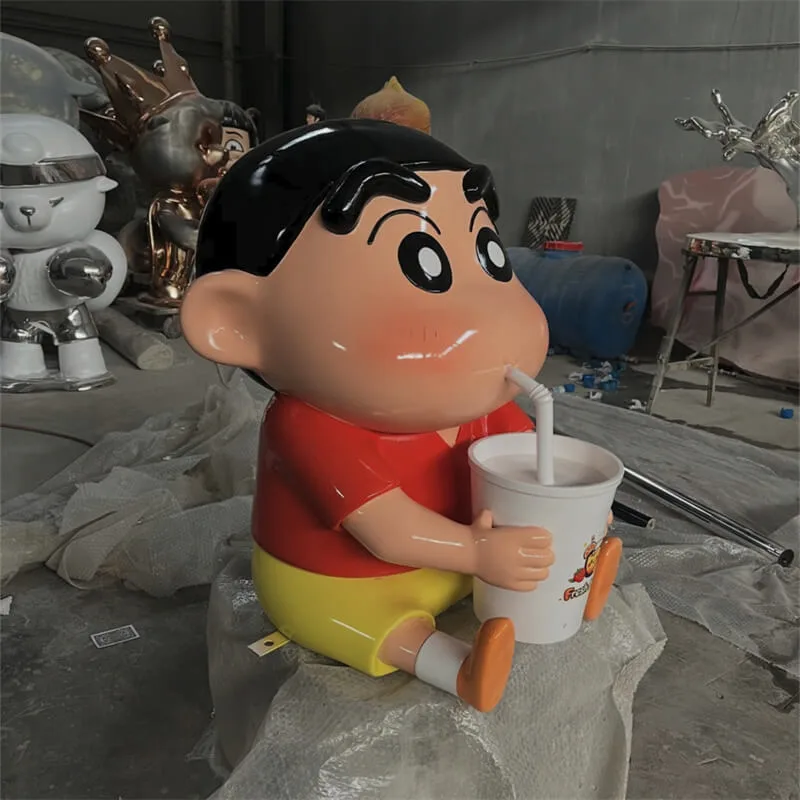 Drink-sipping Crayon Shin-chan Fiberglass Sculpture, Anime-themed Store Check-in Decor — view 2