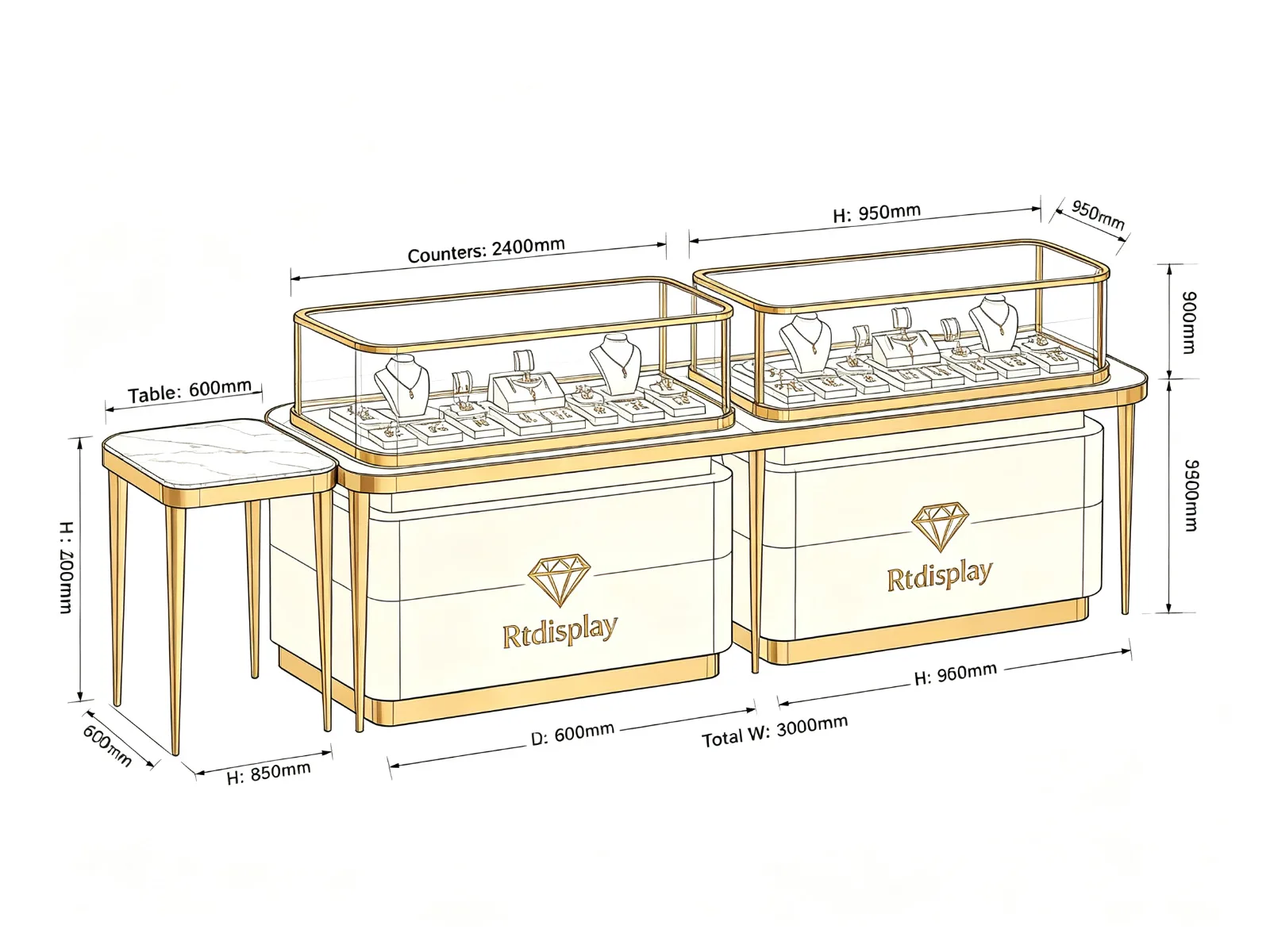 Dual Gold Jewelry Counter Set with Side Table Curved Glass Cream Drawer Base — product detail 1