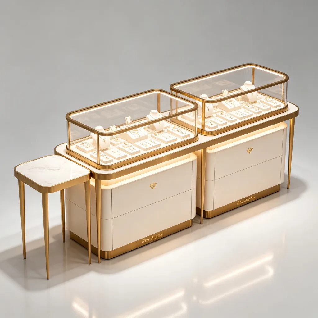 Dual Gold Jewelry Counter Set with Side Table Curved Glass Cream Drawer Base — view 2