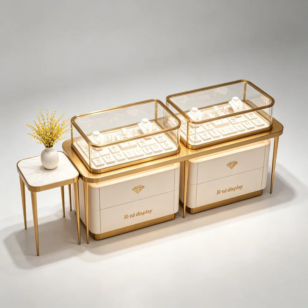 Dual Gold Jewelry Counter Set with Side Table Curved Glass Cream Drawer Base — view 4