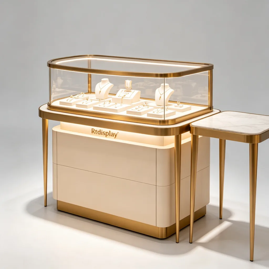 Dual Gold Jewelry Counter Set with Side Table Curved Glass Cream Drawer Base — view 3