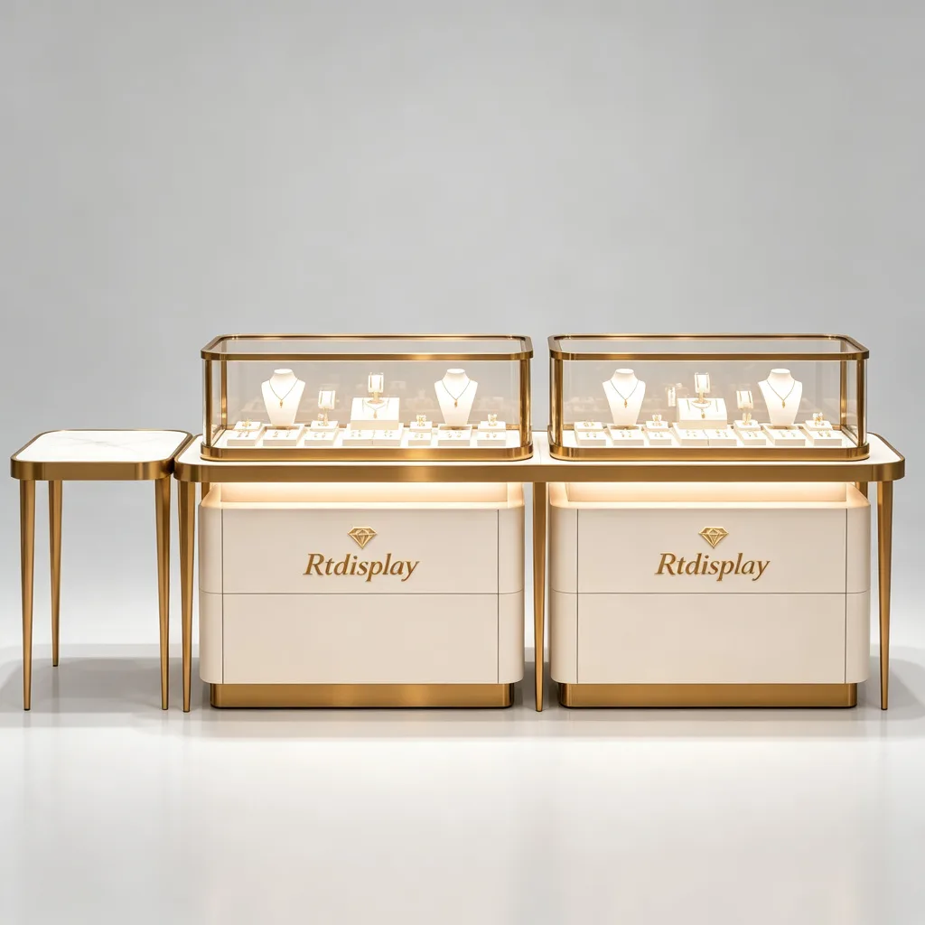 Dual Gold Jewelry Counter Set with Side Table Curved Glass Cream Drawer Base