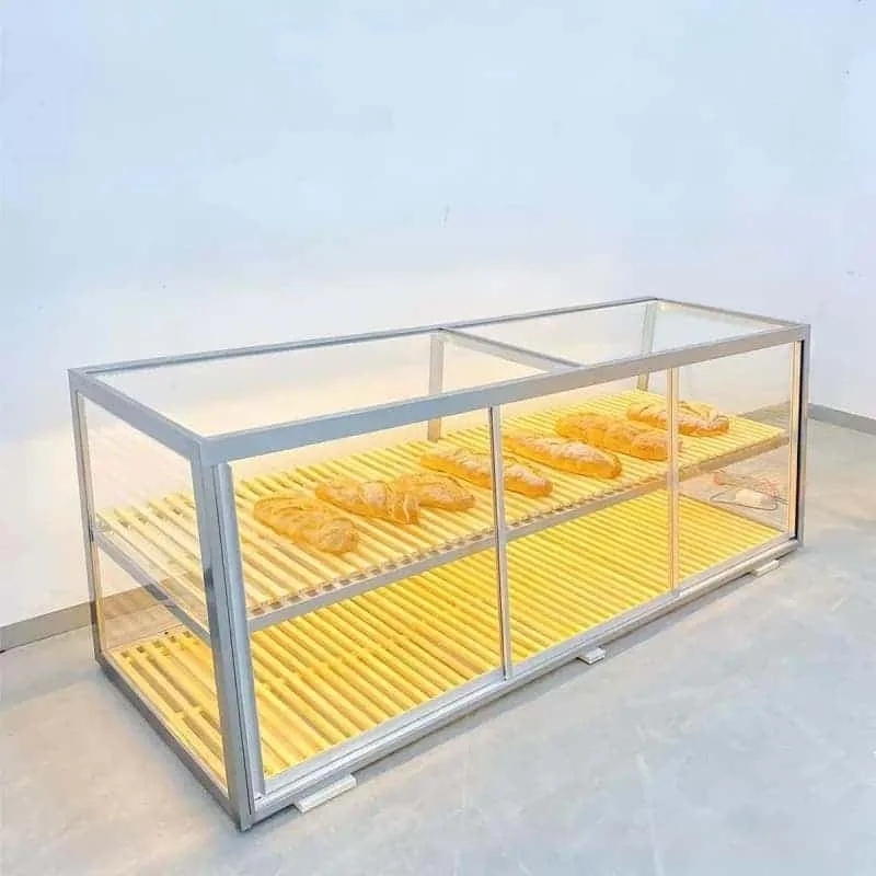 Dual Layer Glass Countertop Bakery Display Cabinet With LED Wood Tray For Cafe Pastry Show — view 5