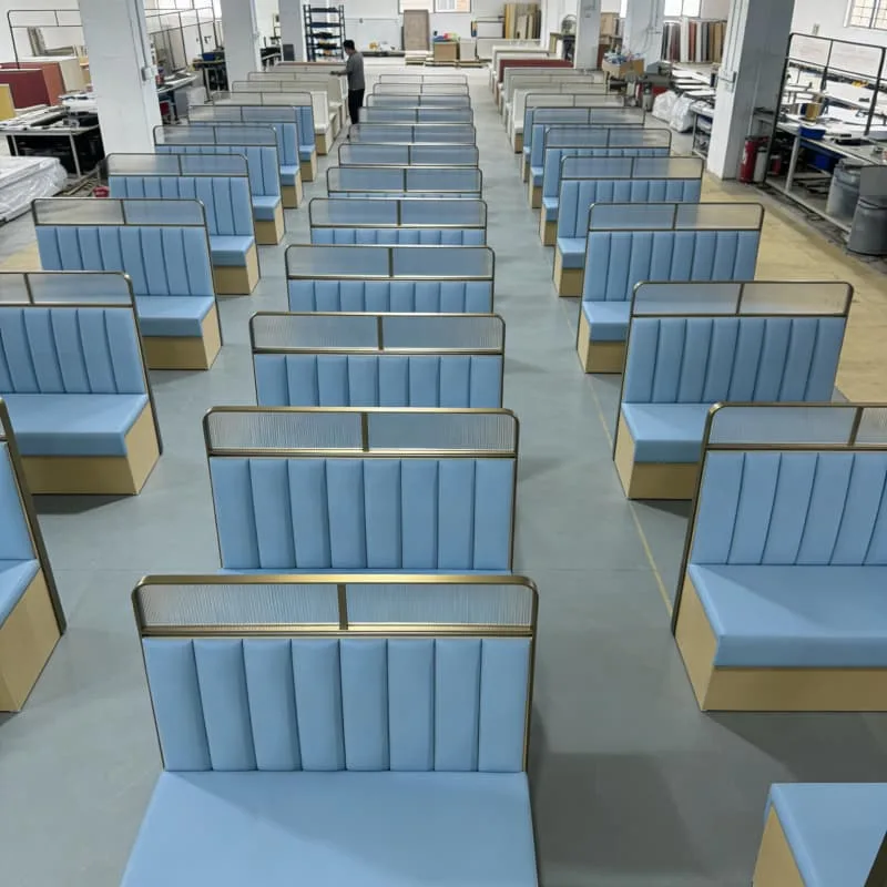 Elegant Gold Frame Fluted Blue Restaurant Booth with Partition Glass Design — view 3