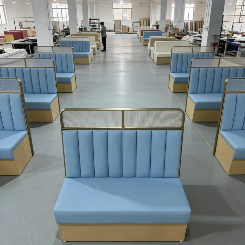 Elegant Gold Frame Fluted Blue Restaurant Booth with Partition Glass Design — view 4