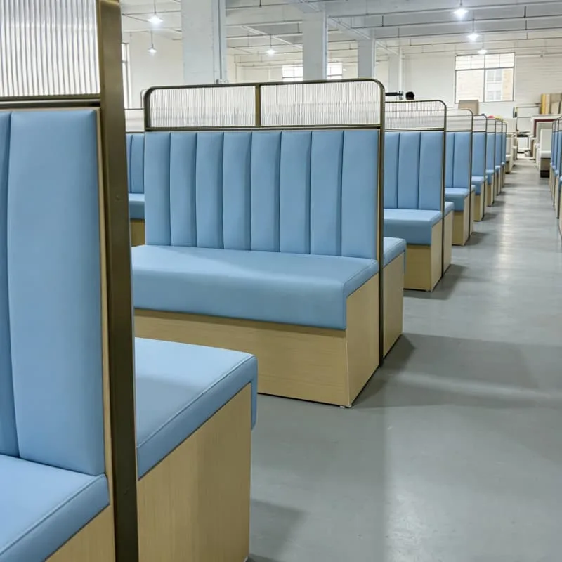 Elegant Gold Frame Fluted Blue Restaurant Booth with Partition Glass Design — view 7