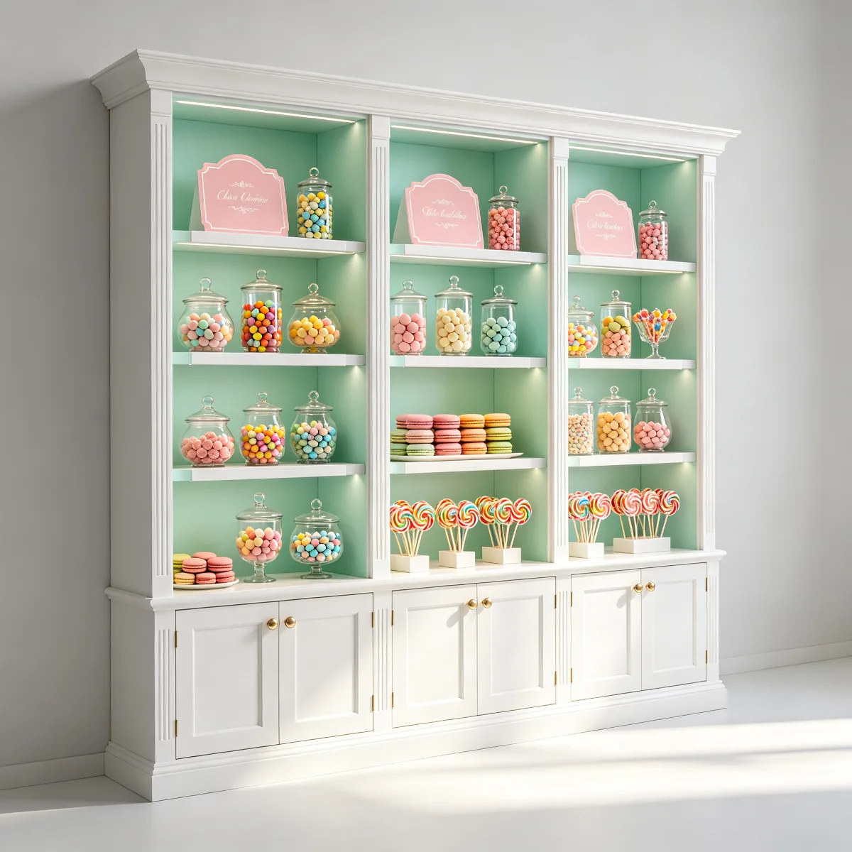 Elegant Mint Green Candy Display Wall Cabinet – Custom Retail Display Rack with Glass Doors, LED Lighting and Storage Drawers for Candy Stor — view 2