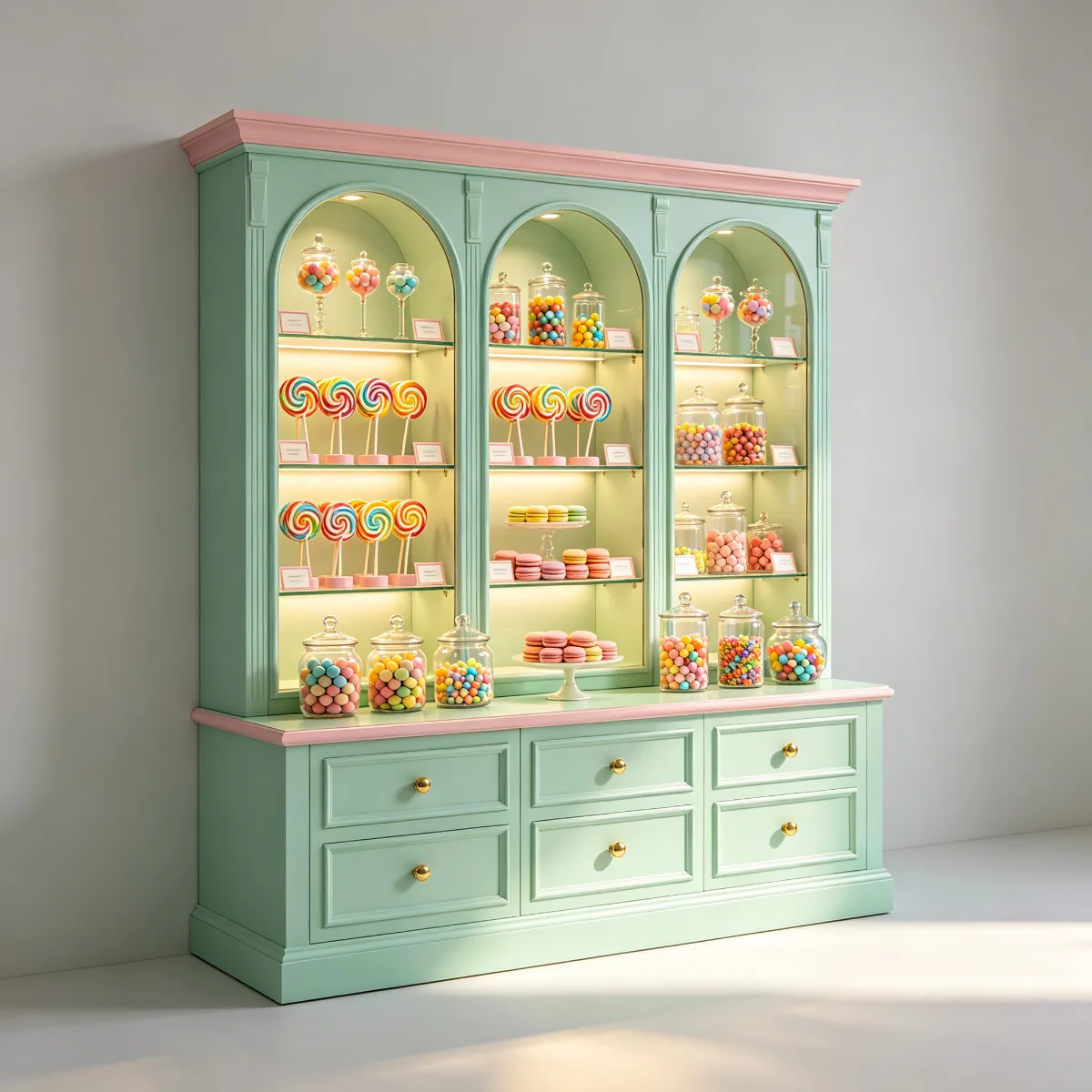 Elegant Mint Green Candy Display Wall Cabinet – Custom Retail Display Rack with Glass Doors, LED Lighting and Storage Drawers for Candy Stor