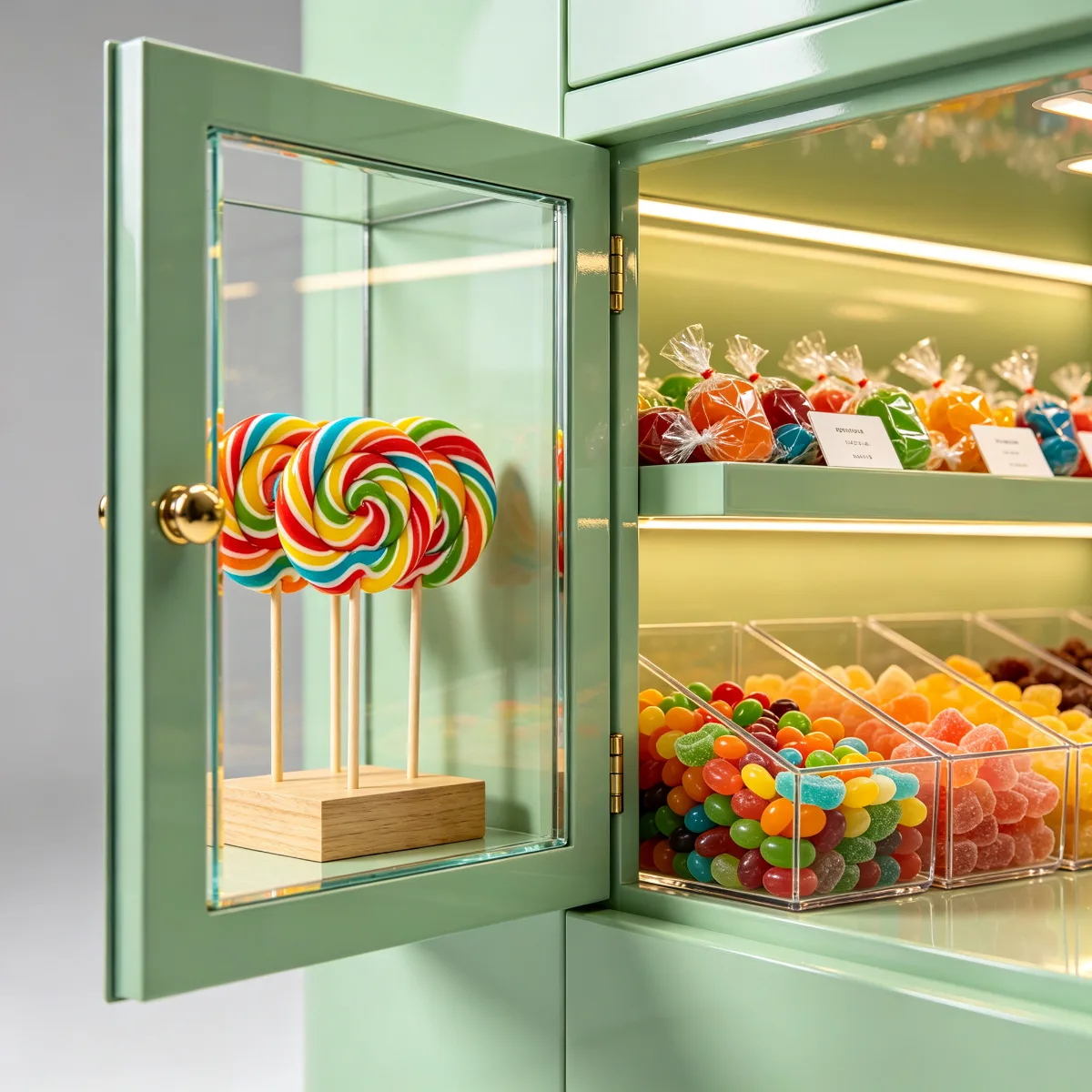 Elegant Mint Green Candy Display Wall Cabinet – Custom Retail Display Rack with Glass Doors, LED Lighting and Storage Drawers for Candy Stor — view 4