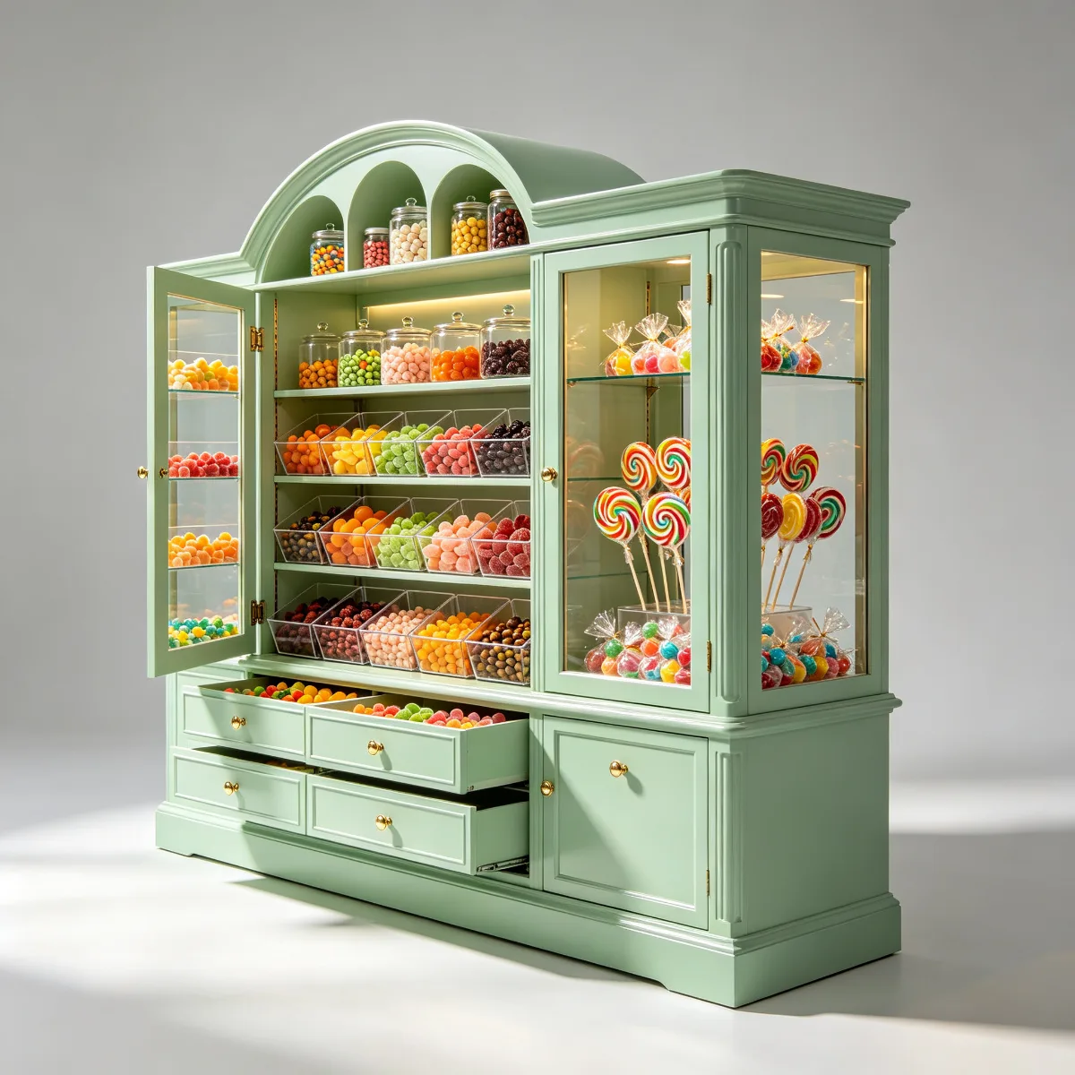 Elegant Mint Green Candy Display Wall Cabinet – Custom Retail Display Rack with Glass Doors, LED Lighting and Storage Drawers for Candy Stor — view 3