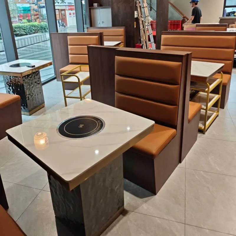 Elegant Orange Leather Commercial Restaurant Booths with Hot Pot Stone Tables & Gold Racks — view 3