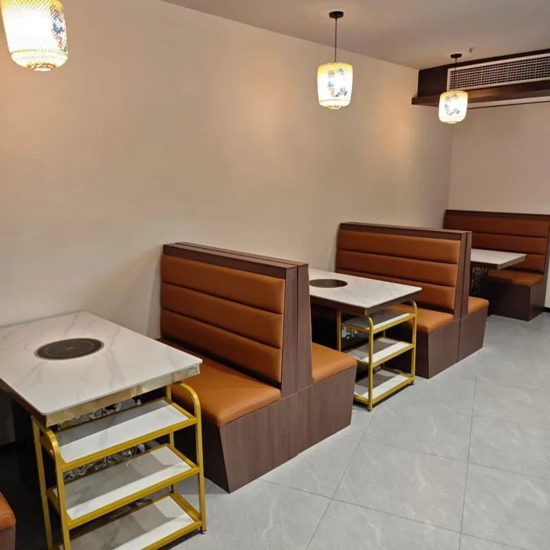 Elegant Orange Leather Commercial Restaurant Booths with Hot Pot Stone Tables & Gold Racks — view 4