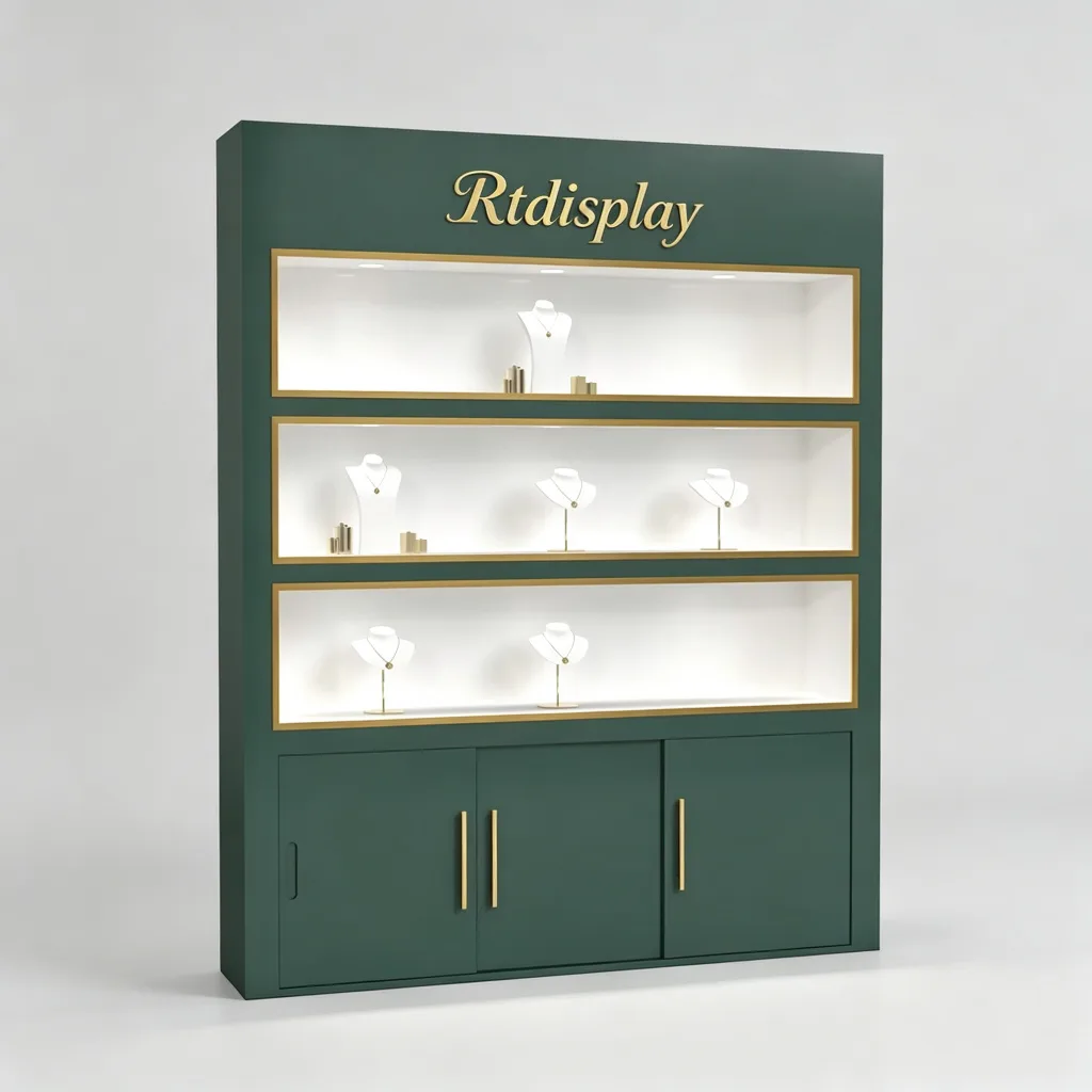 Emerald Green Tall Jewelry Wall Cabinet Three Glass Windows Gold 150mm Pulls