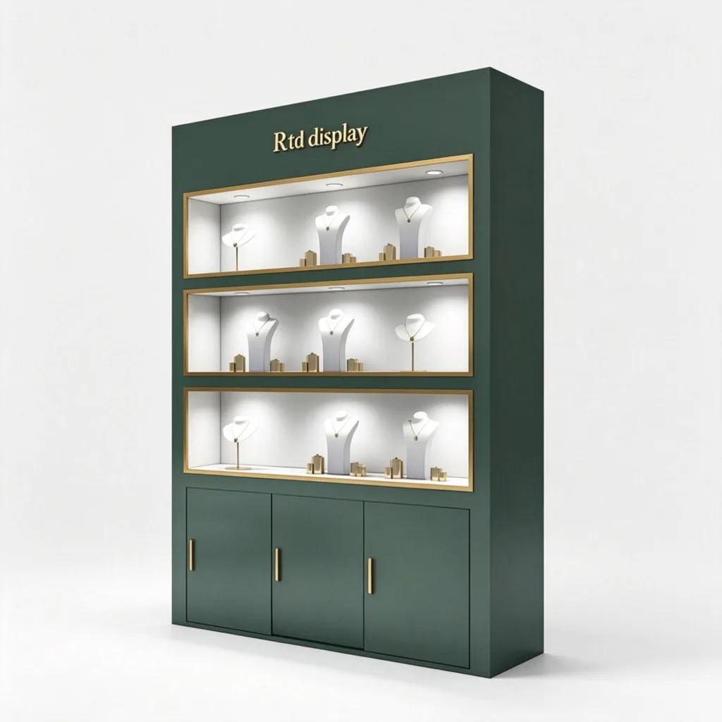 Emerald Green Tall Jewelry Wall Cabinet Three Glass Windows Gold 150mm Pulls — view 2