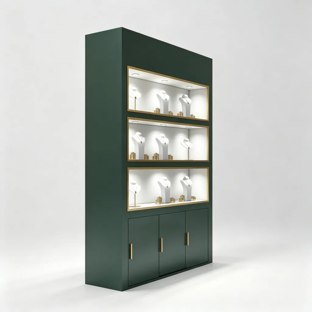 Emerald Green Tall Jewelry Wall Cabinet Three Glass Windows Gold 150mm Pulls — view 4