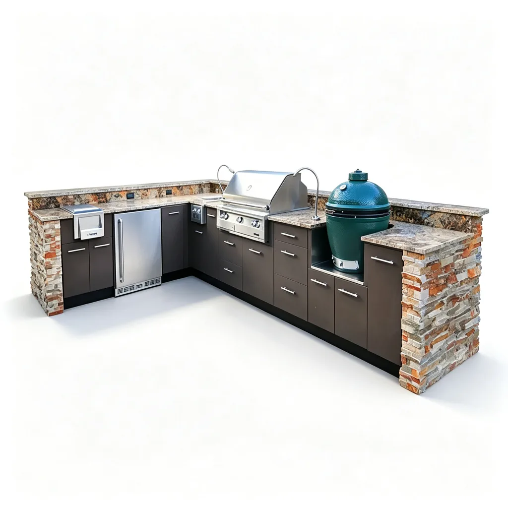Espresso L-Shaped Outdoor Kitchen with Stone Pillars and Kamado Grill — view 3