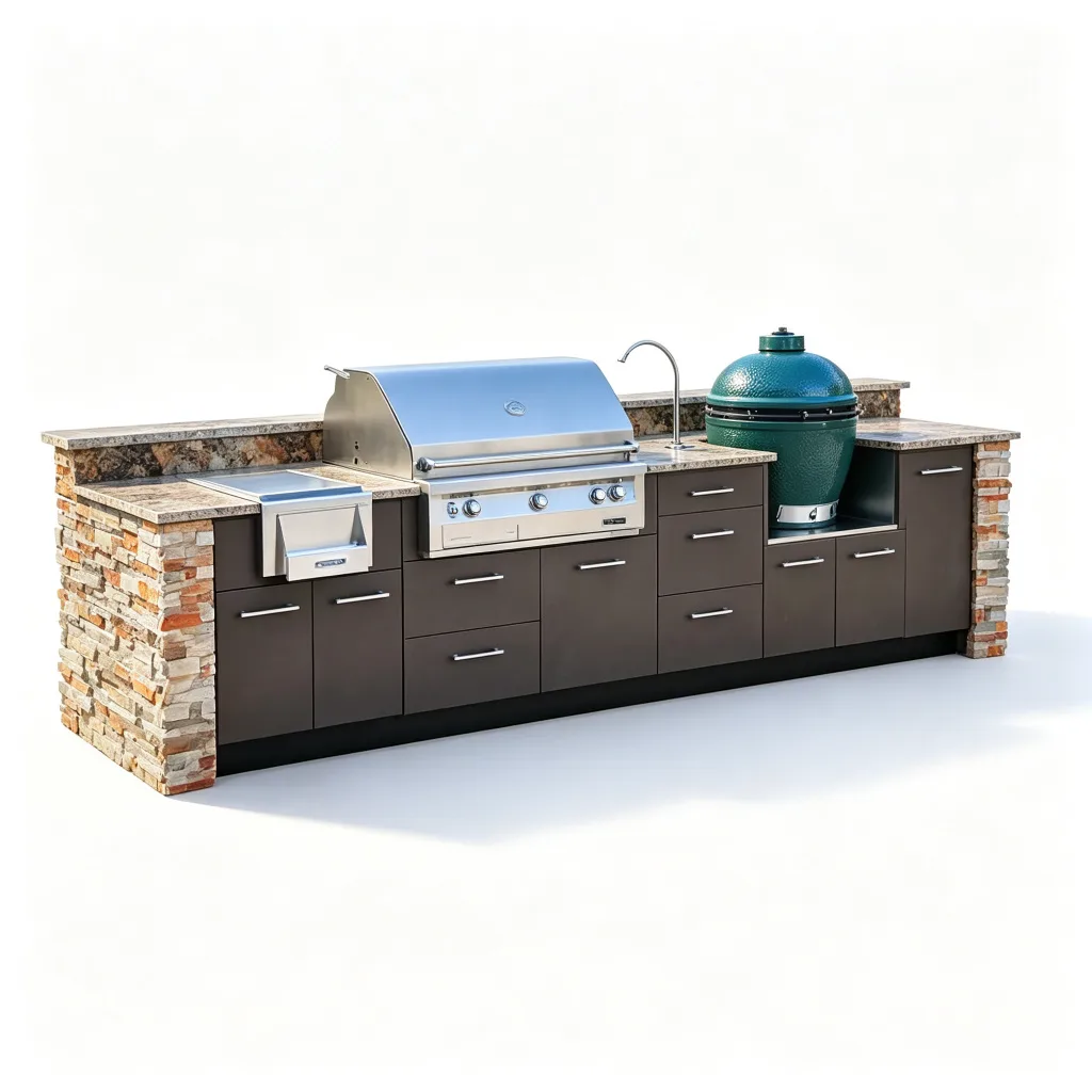 Espresso L-Shaped Outdoor Kitchen with Stone Pillars and Kamado Grill — view 4
