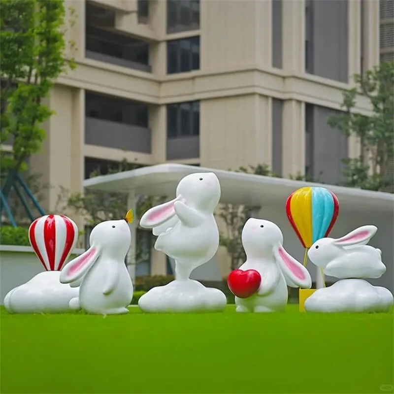 Fiberglass Cartoon Rabbit Sculpture Cute White Cloud Rabbit Group Rabbit Sculpture for Outdoor Residential Lawn Kids Park Photo Decor — view 4