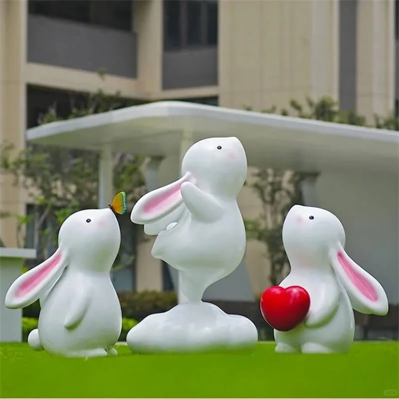 Fiberglass Cartoon Rabbit Sculpture Cute White Cloud Rabbit Group Rabbit Sculpture for Outdoor Residential Lawn Kids Park Photo Decor — view 3