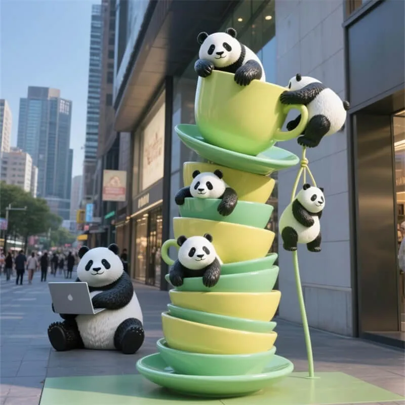 Fiberglass Creative Teacup Panda Cartoon Sculpture | Store / Mall Photo Attraction Decor | Outdoor IP Art Ornament — view 3