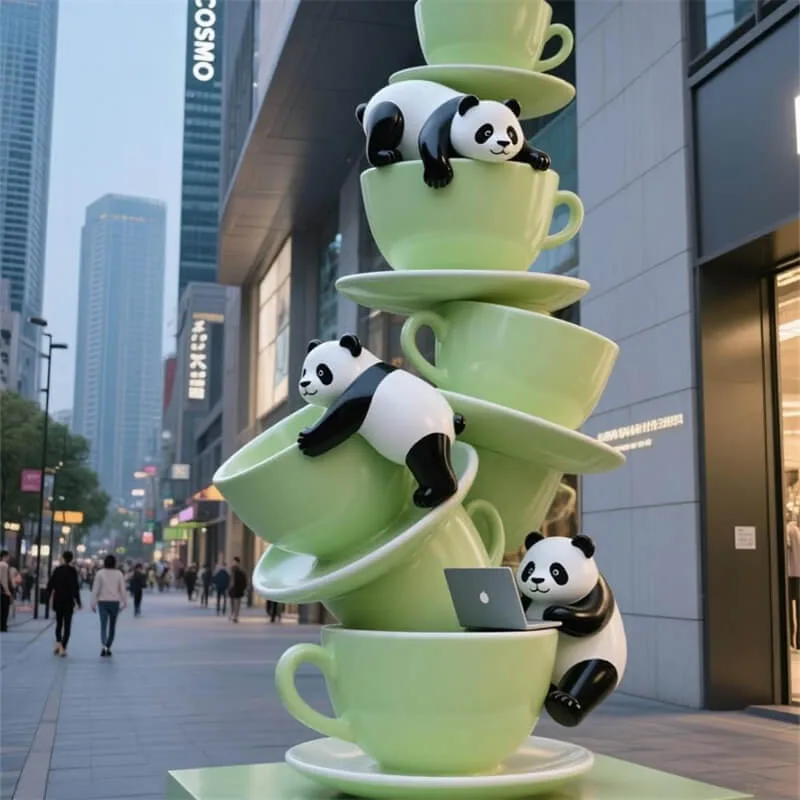 Fiberglass Creative Teacup Panda Cartoon Sculpture | Store / Mall Photo Attraction Decor | Outdoor IP Art Ornament