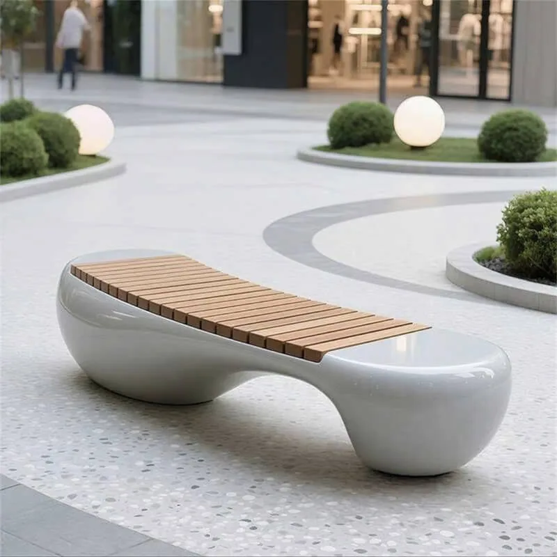 Fiberglass Curved Wooden‑Top Bench | Waterproof Outdoor Leisure Seat, Multi‑Shape Custom Public Bench for Malls & Parks — view 4