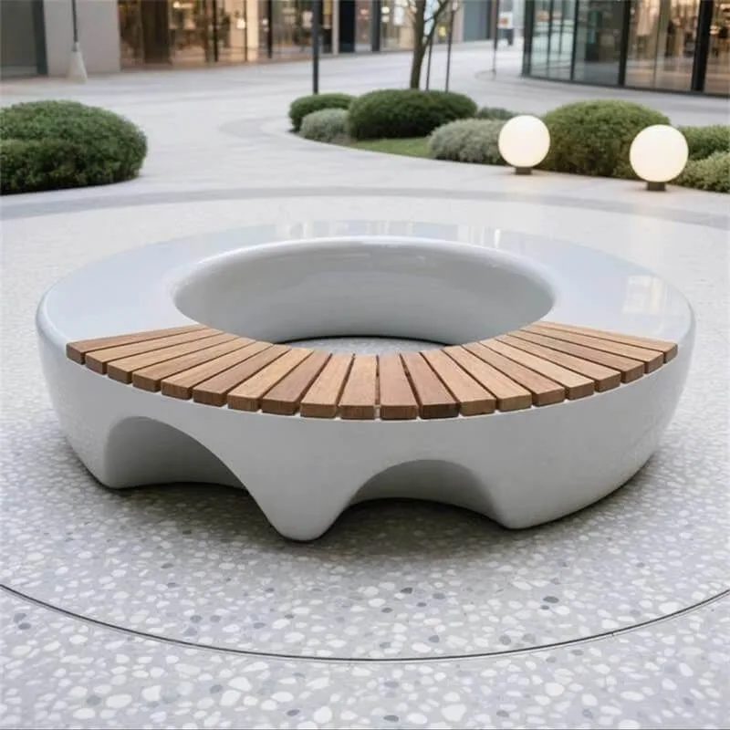 Fiberglass Curved Wooden‑Top Bench | Waterproof Outdoor Leisure Seat, Multi‑Shape Custom Public Bench for Malls & Parks — view 3