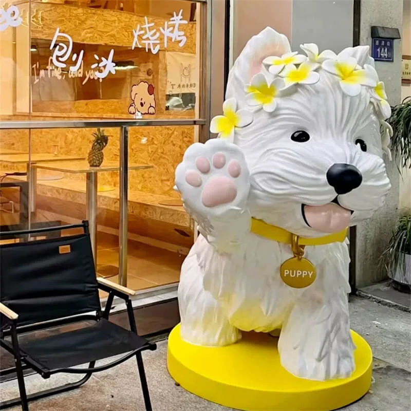 Fiberglass Cute Wreath Puppy Statue | Store / Mall Traffic-Grabbing Photo Prop | Cartoon IP Welcome Puppy Sculpture — view 2
