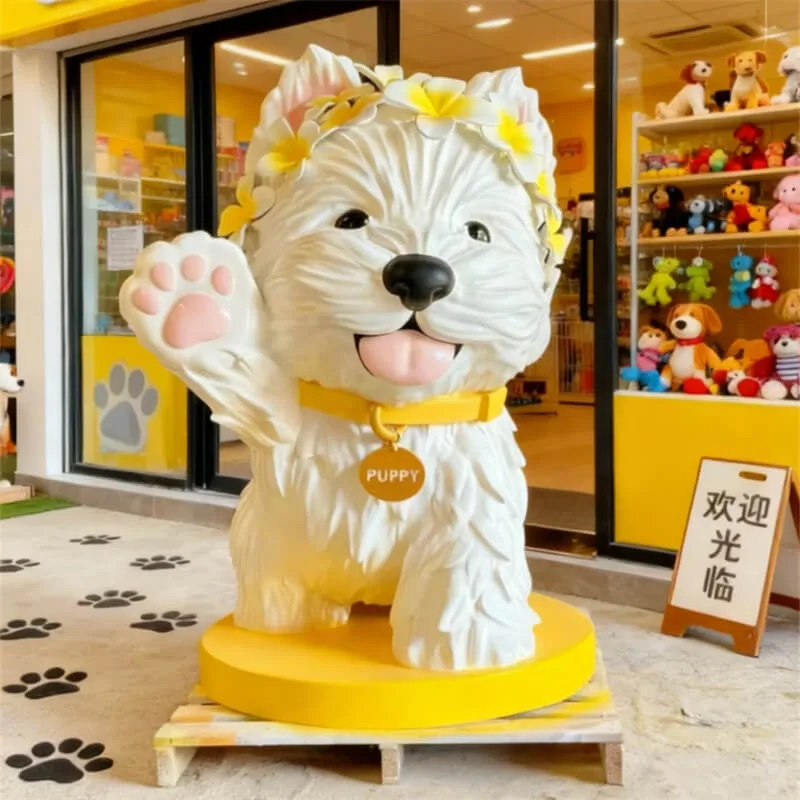 Fiberglass Cute Wreath Puppy Statue | Store / Mall Traffic-Grabbing Photo Prop | Cartoon IP Welcome Puppy Sculpture — view 3