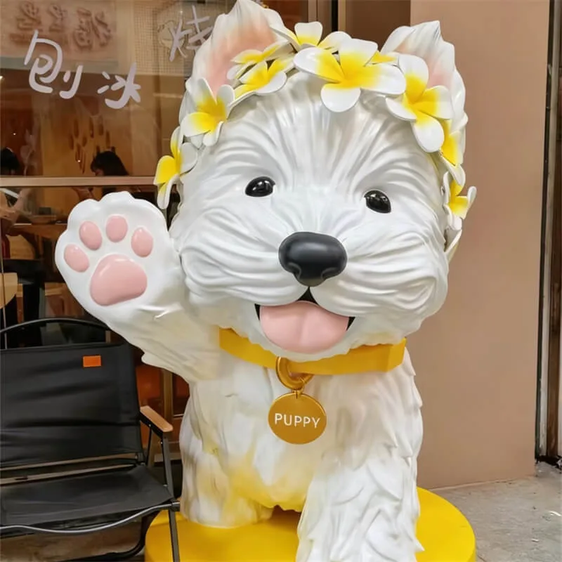 Fiberglass Cute Wreath Puppy Statue | Store / Mall Traffic-Grabbing Photo Prop | Cartoon IP Welcome Puppy Sculpture