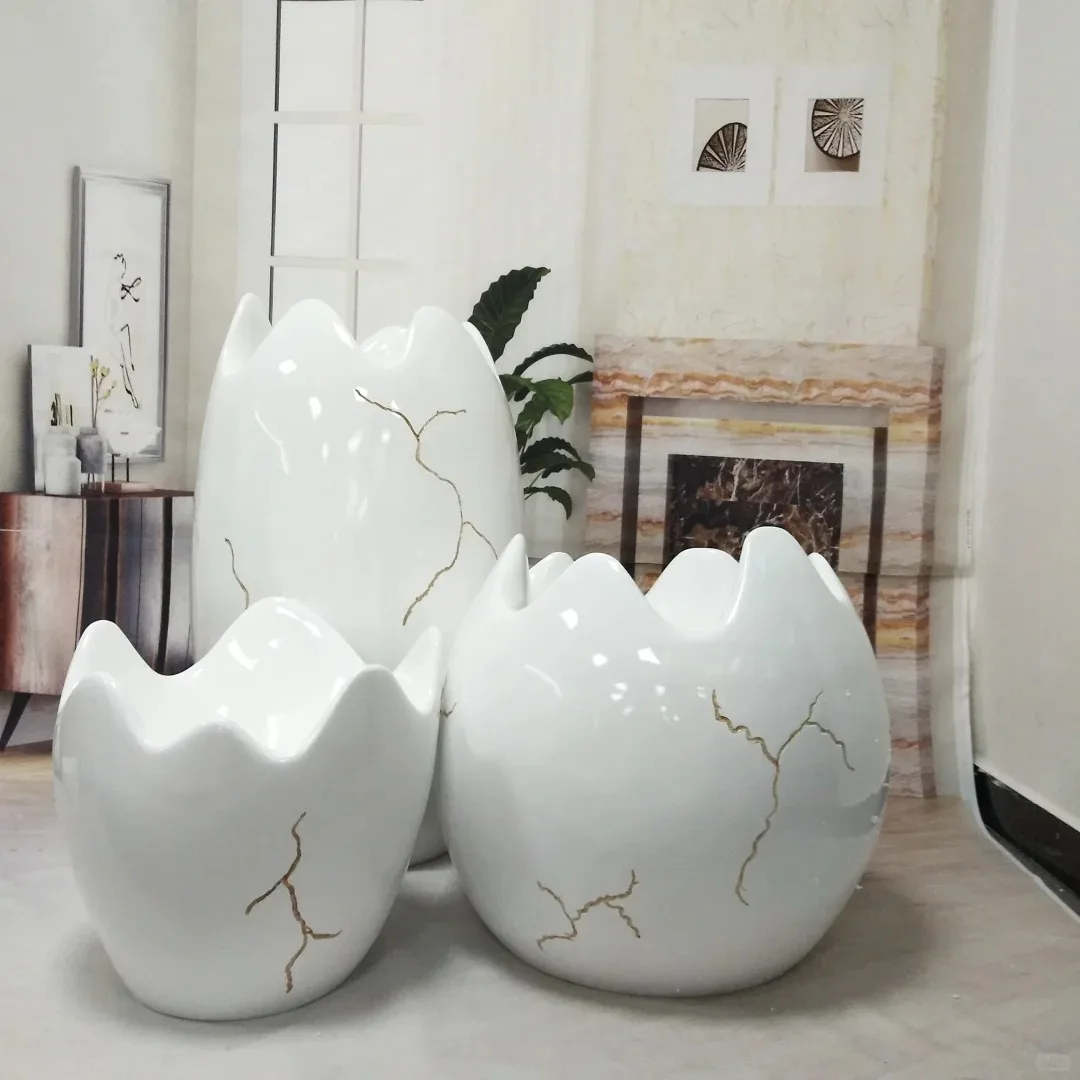 Fiberglass Egg-Shaped Planters with Gold Crack Details | Durable, Customizable Decor — view 3