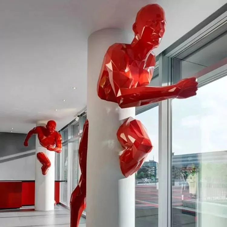 Fiberglass Low Poly Running Man Sculpture For Lobby Column Through Wall Decor — view 2