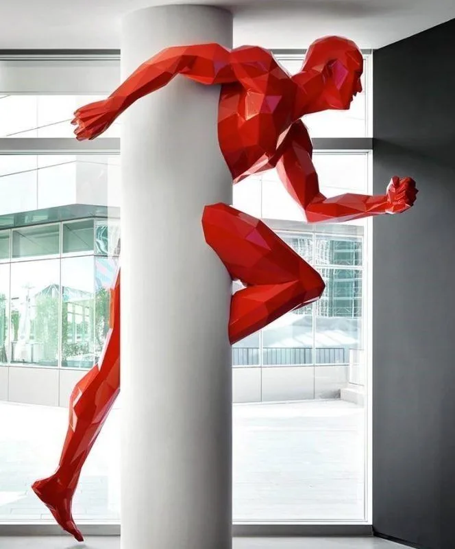 Fiberglass Low Poly Running Man Sculpture For Lobby Column Through Wall Decor