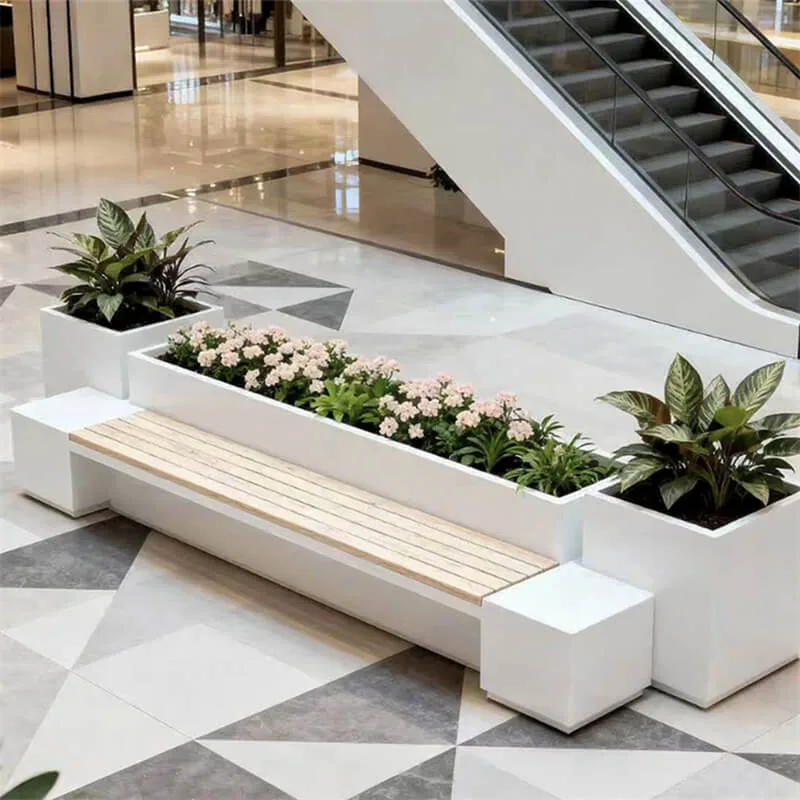 Fiberglass Planter Bench for Malls | Simple Multi-Use Landscape Set