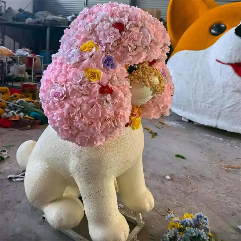 Fiberglass Puppy Sculpture With Artificial Floral Head Cute Photo Prop For Mall Window Storefront Display