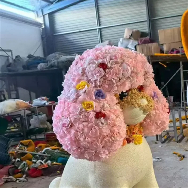 Fiberglass Puppy Sculpture With Artificial Floral Head Cute Photo Prop For Mall Window Storefront Display — view 4