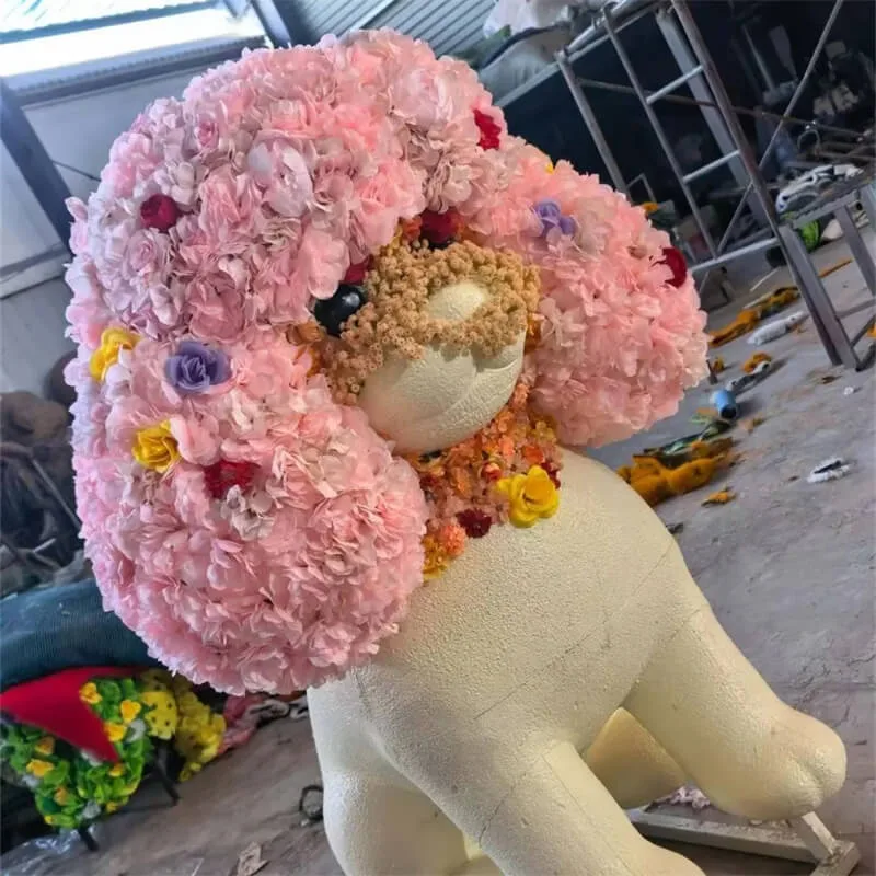 Fiberglass Puppy Sculpture With Artificial Floral Head Cute Photo Prop For Mall Window Storefront Display — view 2
