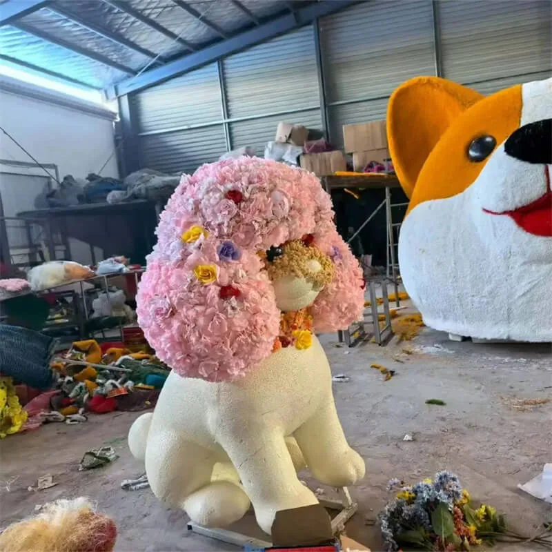 Fiberglass Puppy Sculpture With Artificial Floral Head Cute Photo Prop For Mall Window Storefront Display — view 3