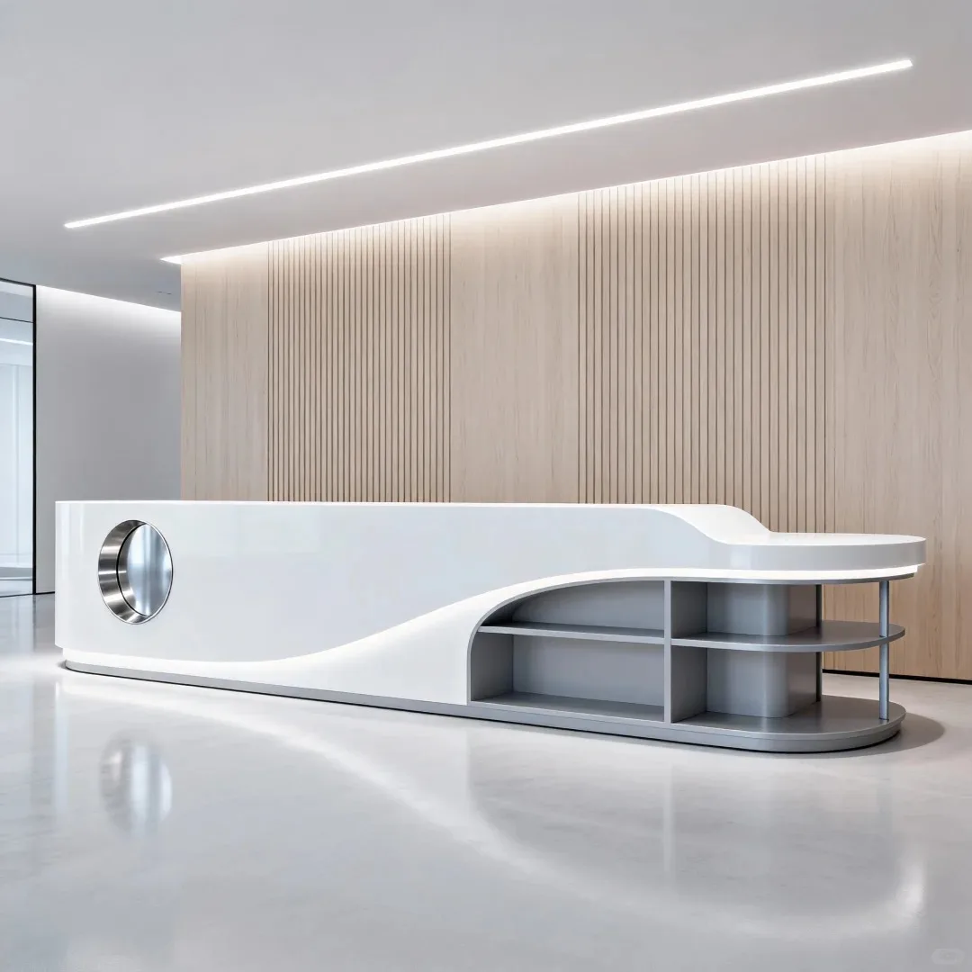 Fiberglass Reception Desk, Modern Curved Counter, High-End Office Front Desk for Indoor — view 3