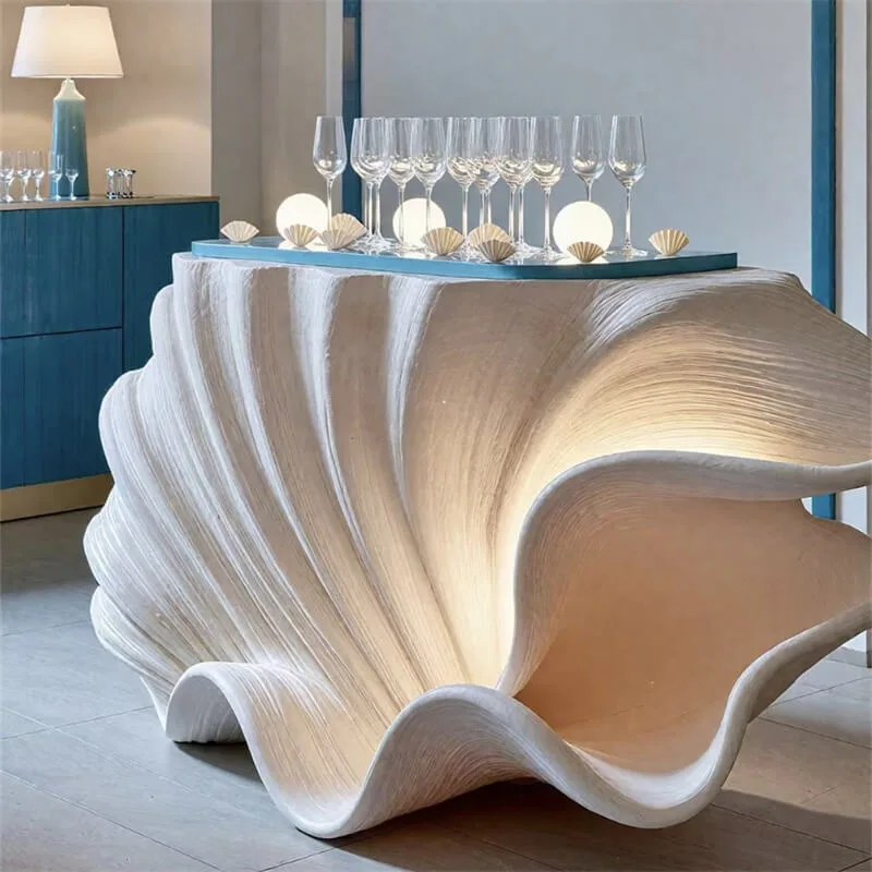 Fiberglass Seashell Coffee Table | Artistic Conch-Shaped Side Table with LED Light for Commercial & Home Use — view 2