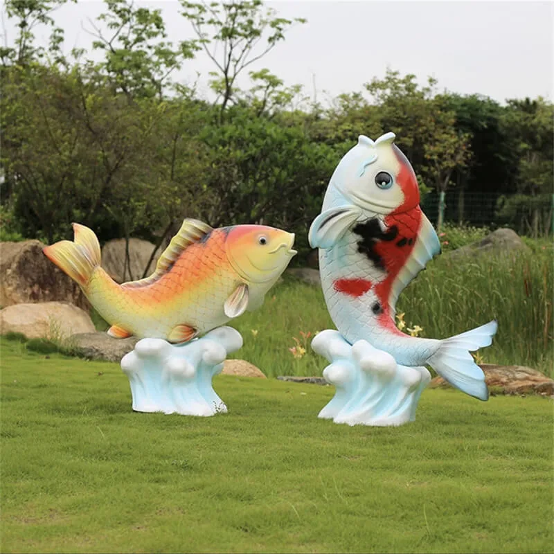 Fiberglass Spraying Koi Fish Sculpture | Outdoor Garden Fountain Fish Statue | Custom Landscape Water Feature Decor — view 3