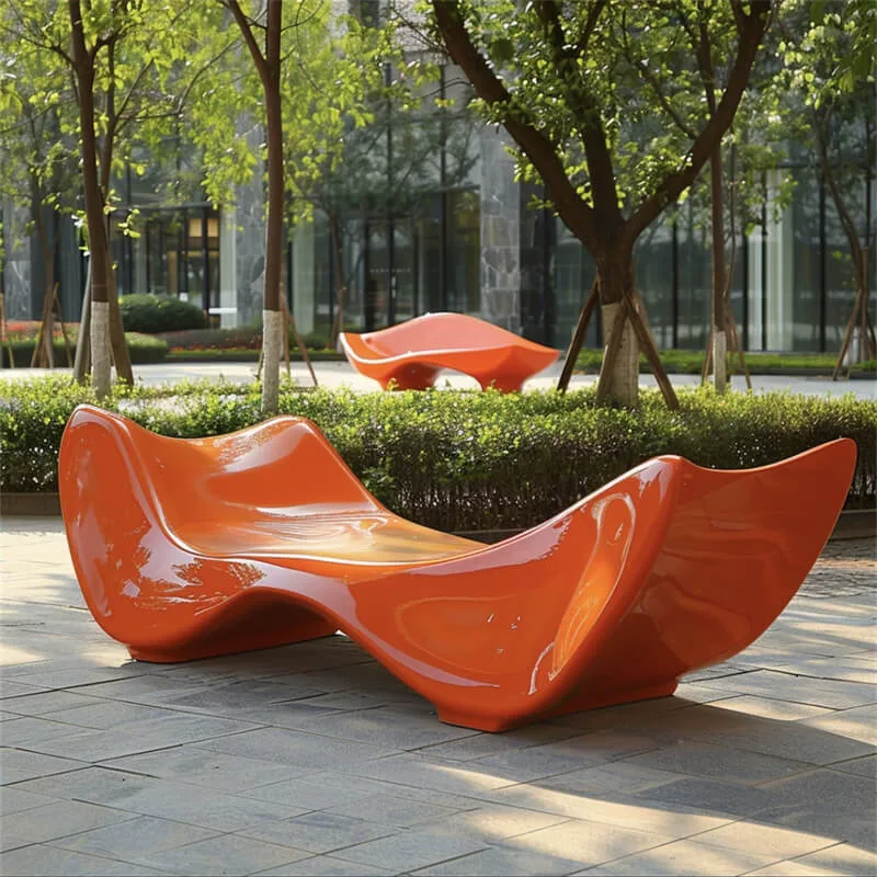 Fiberglass Wave-Shaped Bench | Indoor-Outdoor Abstract Art Seating | Colorful Commercial Plaza Fiberglass Bench — view 4