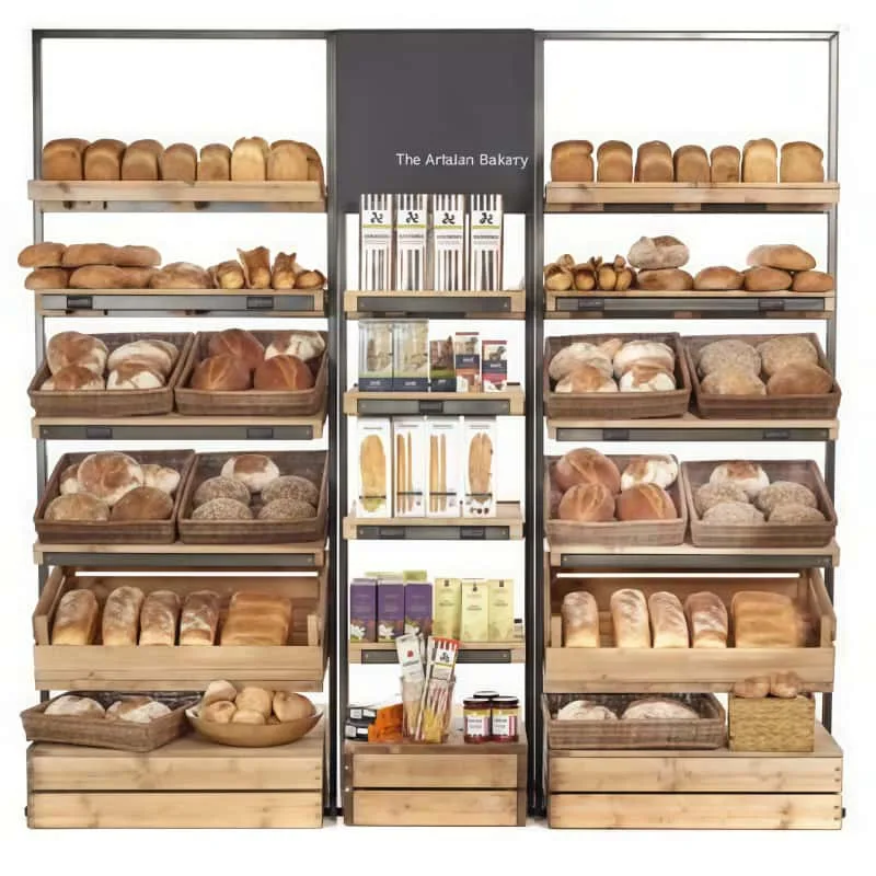 Flexible Combined Tiered Bread Display Stand Wooden Free-standing Bakery Island Rack — view 5