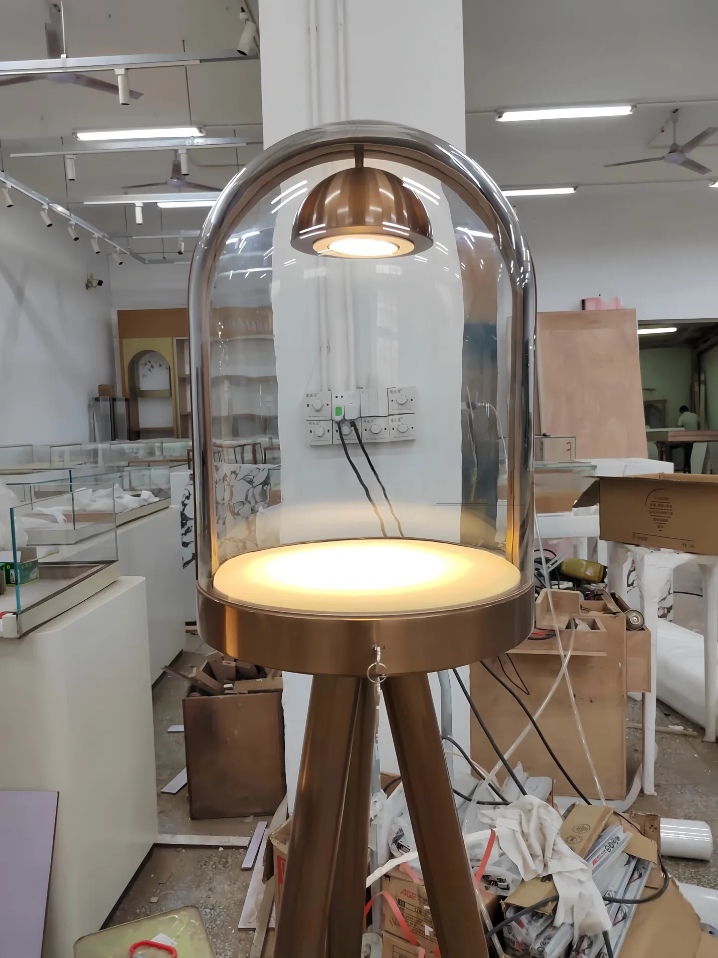Floor-Standing Glass Dome Display Stand | Tripod Base with LED Spotlight and Lighted Pedestal — view 2