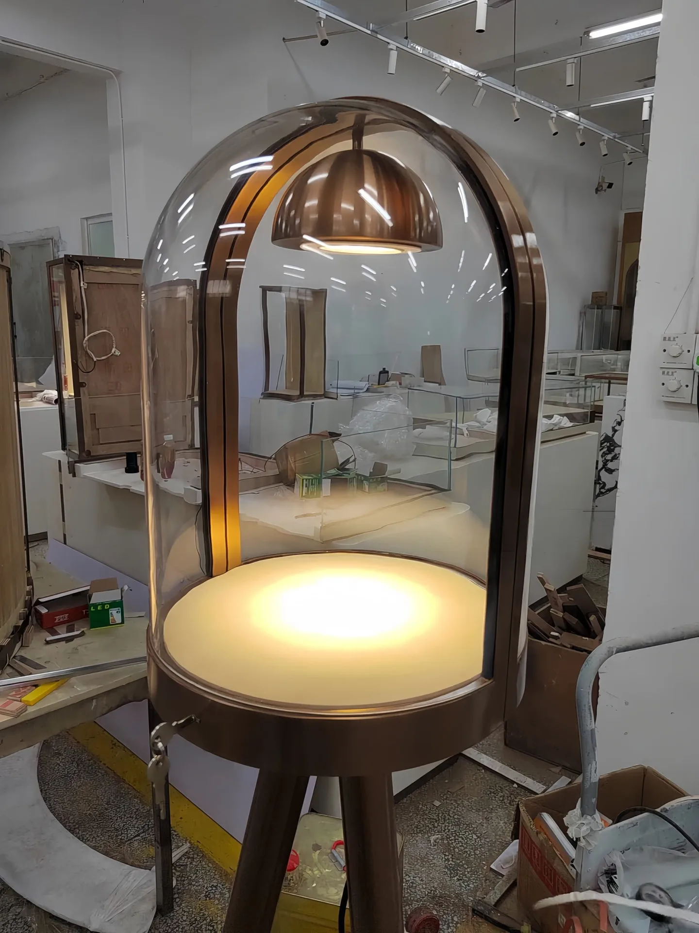 Floor-Standing Glass Dome Display Stand | Tripod Base with LED Spotlight and Lighted Pedestal — view 3