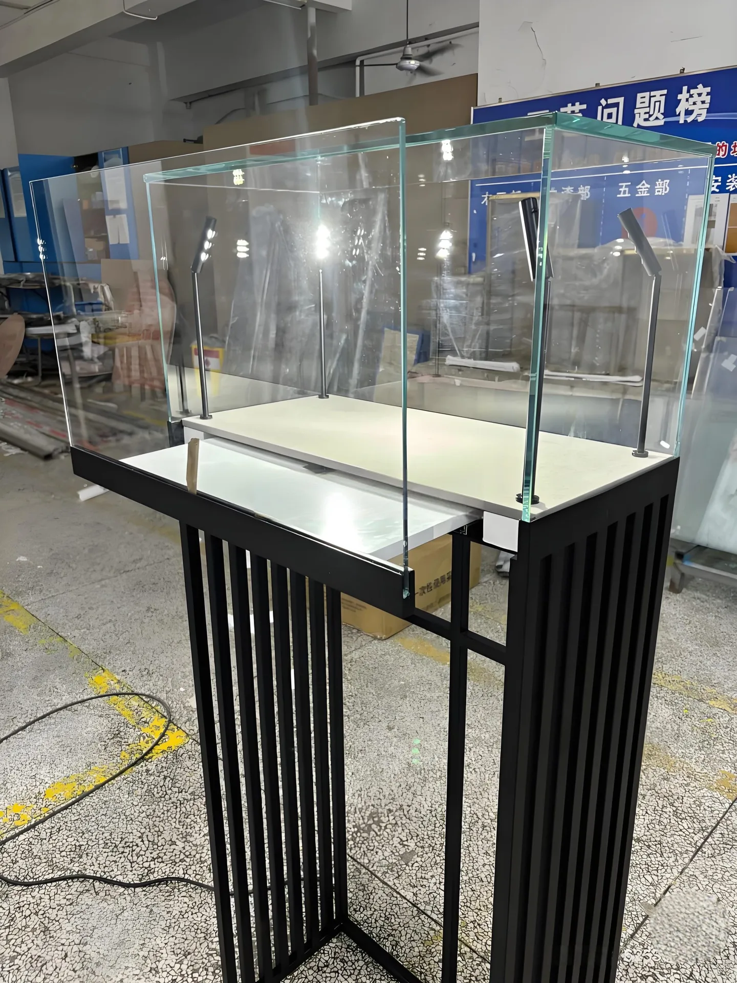 Floor Standing Pedestal Jewelry Showcase, Black Slat Frame Glass Display Case With Spot Lights — view 4