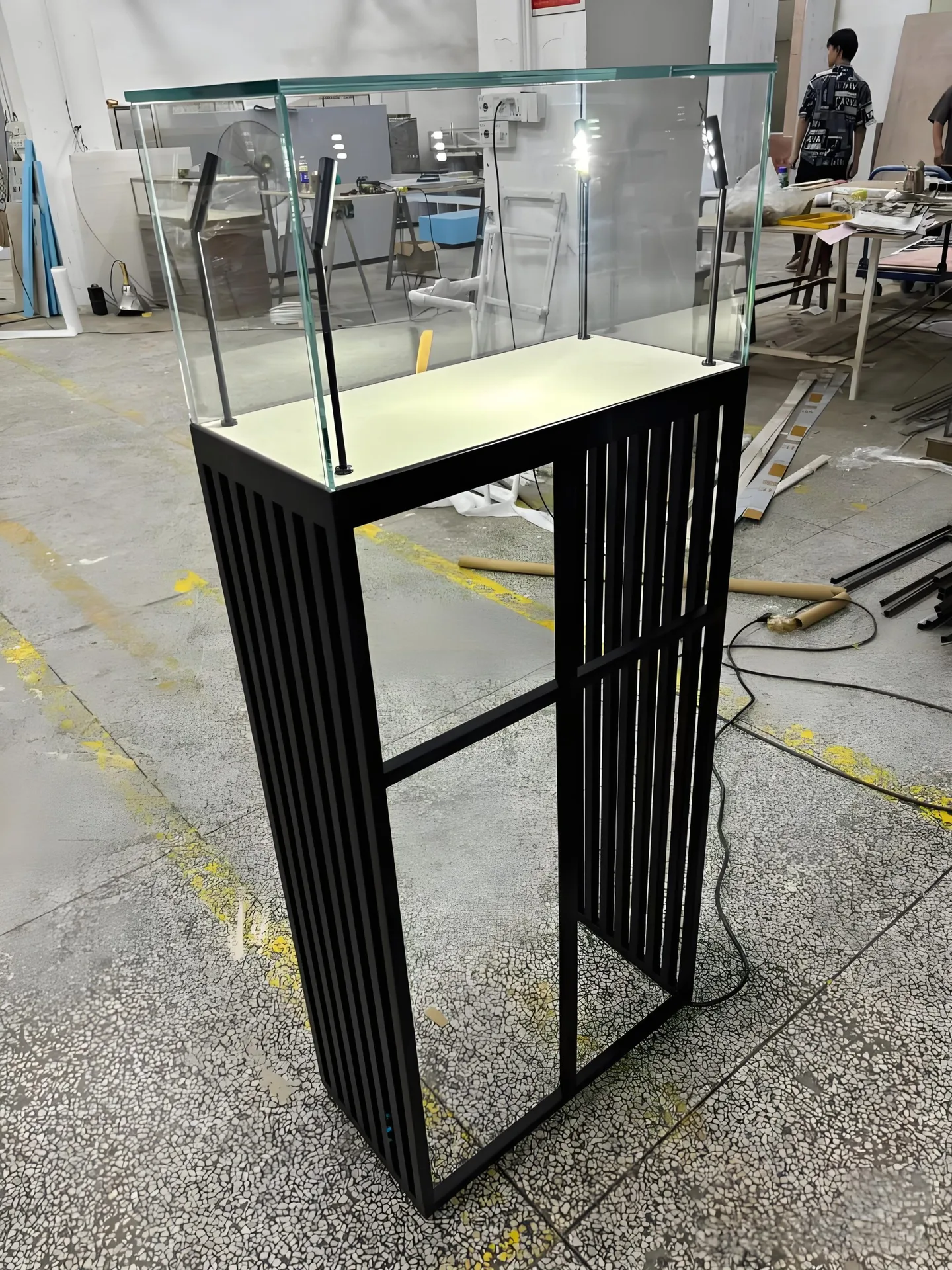 Floor Standing Pedestal Jewelry Showcase, Black Slat Frame Glass Display Case With Spot Lights — view 3