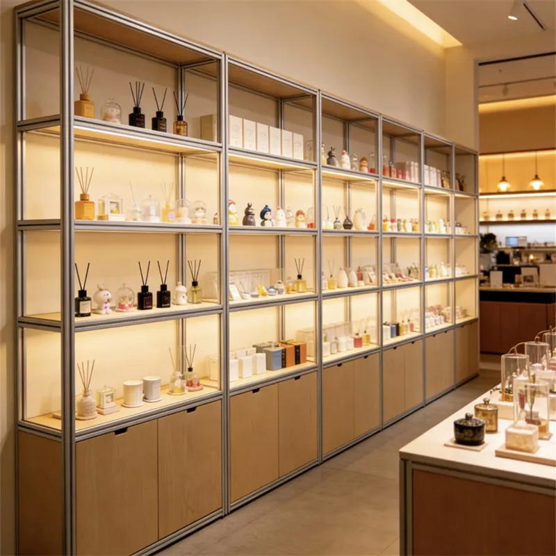 Fragrance Wall Cabinet | Minimalist MDF Veneer Display with Stainless Steel Frame & LED | Wall-Mounted Storage Shelf for Aromatherapy Gift S — view 3